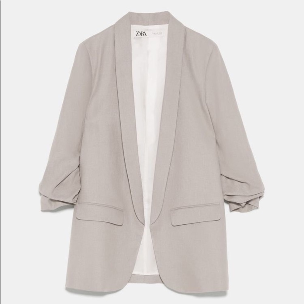 Zara Tan Linen Blazer with ruched sleeves